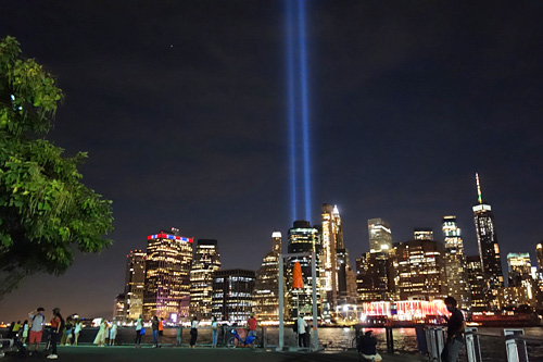 The 9/11 Tribute in Light illuminates the evening sky, 2020