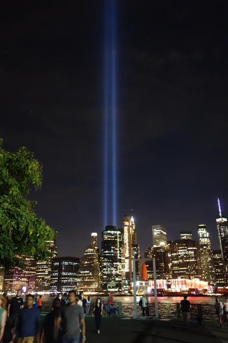 The 9/11 Tribute in Light illuminates the evening sky