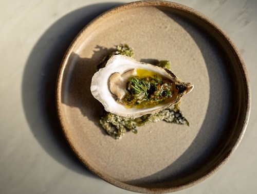 Mena, NYC, ME Snow Island Oyster with seaweed gremolata
